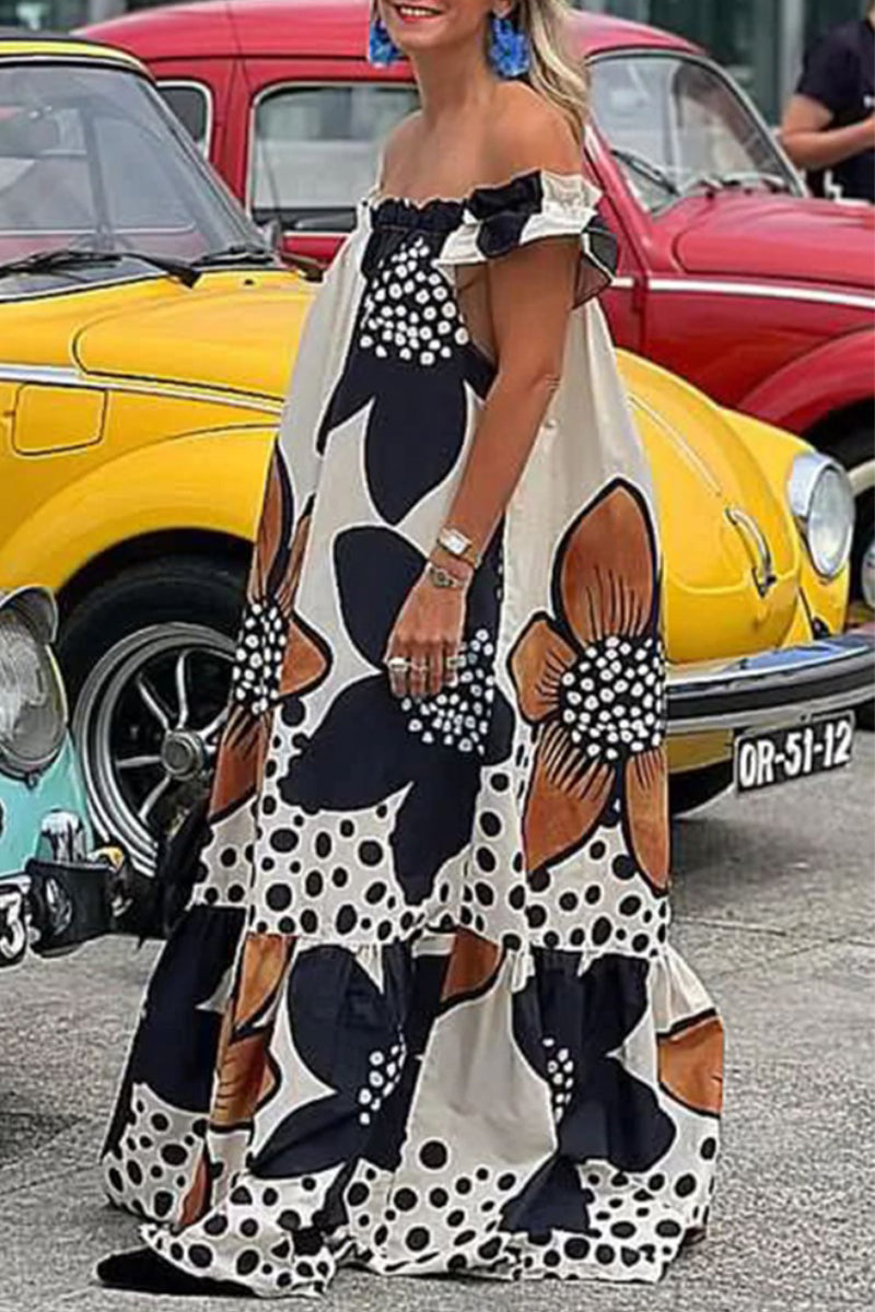 College Print Off the Shoulder Printed Dress Dresses - Fashionpara