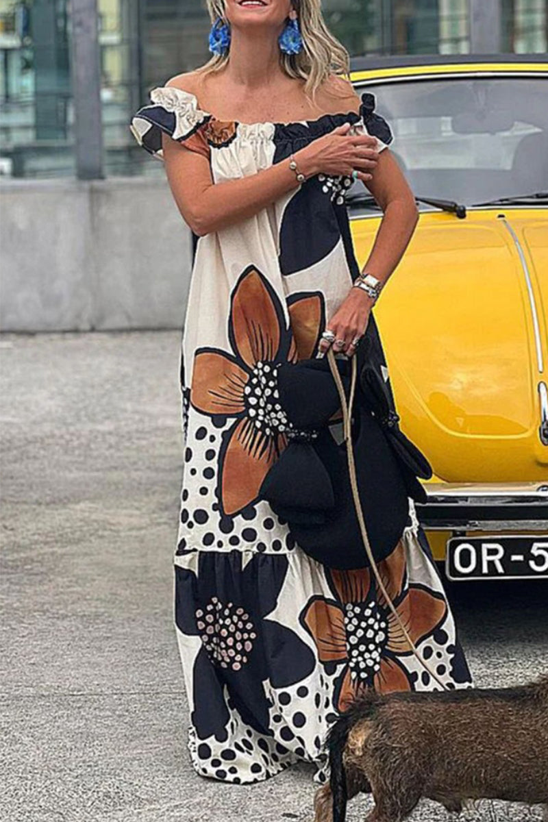 College Print Off the Shoulder Printed Dress Dresses - Fashionpara