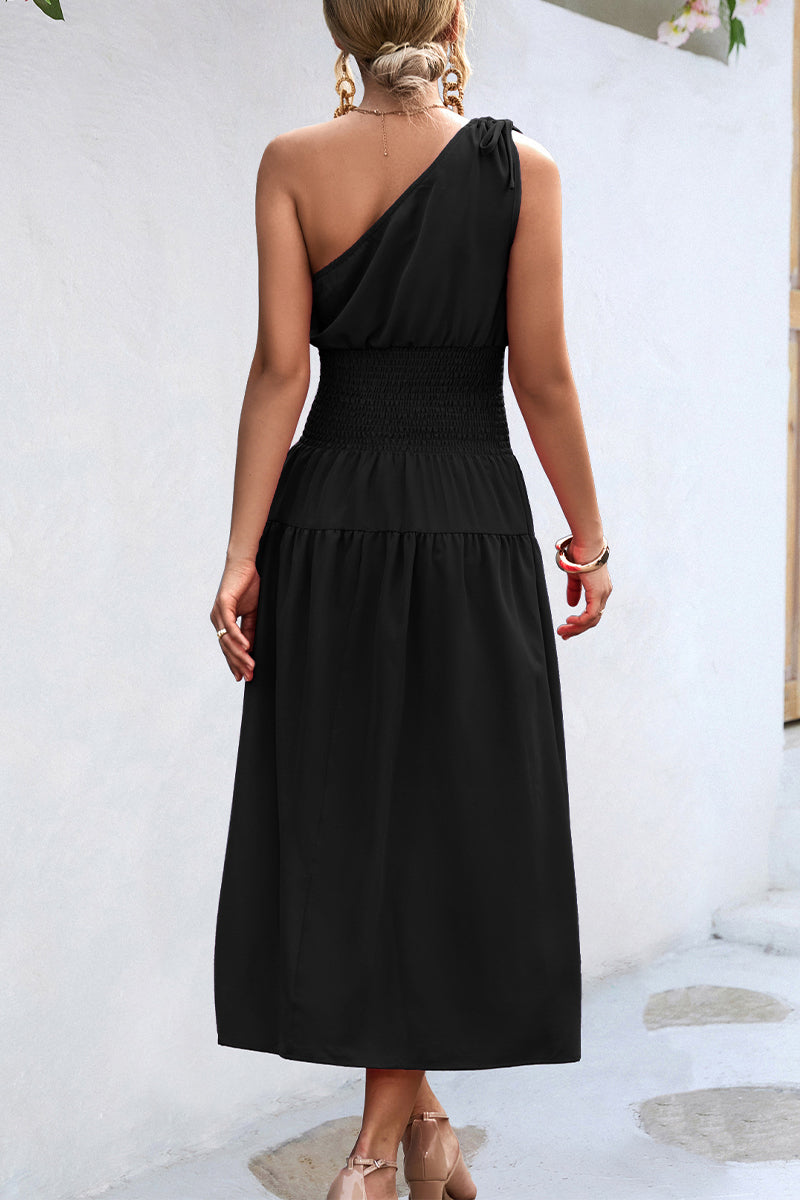 Casual Simplicity Solid Frenulum Oblique Collar Waist Skirt Dresses - Fashionpara