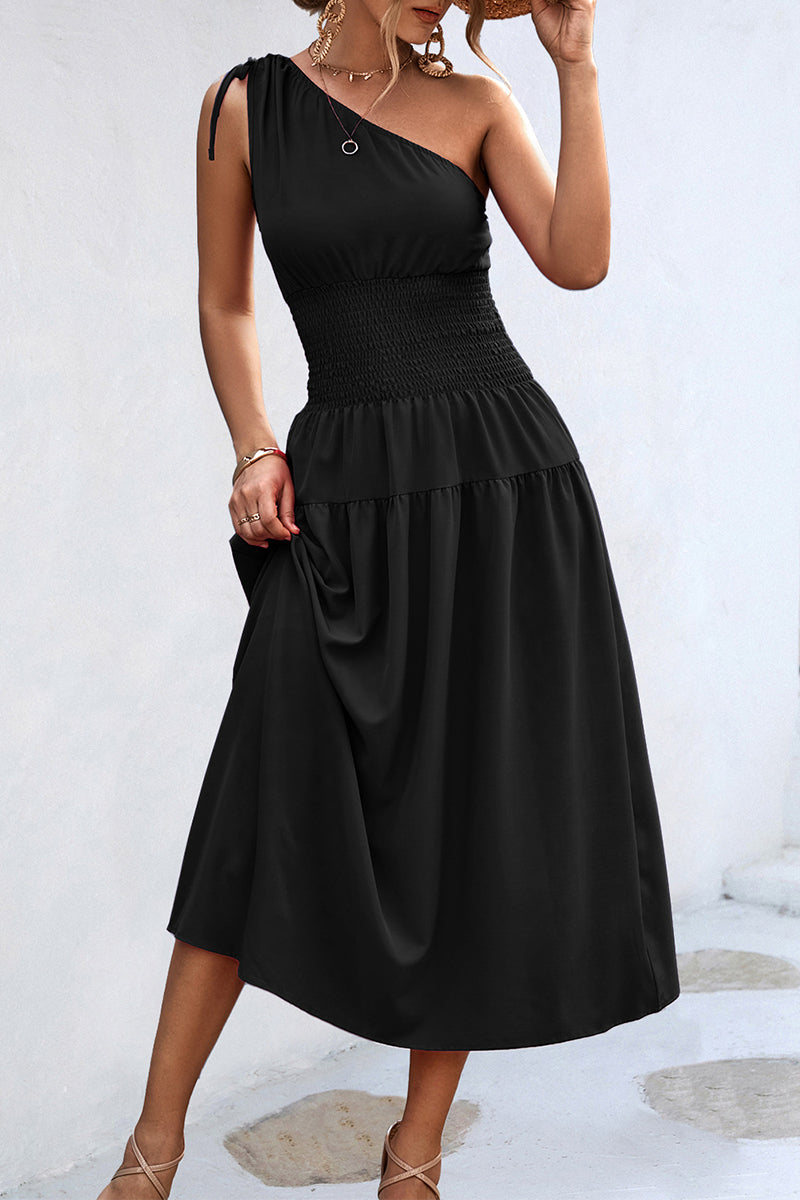 Casual Simplicity Solid Frenulum Oblique Collar Waist Skirt Dresses - Fashionpara