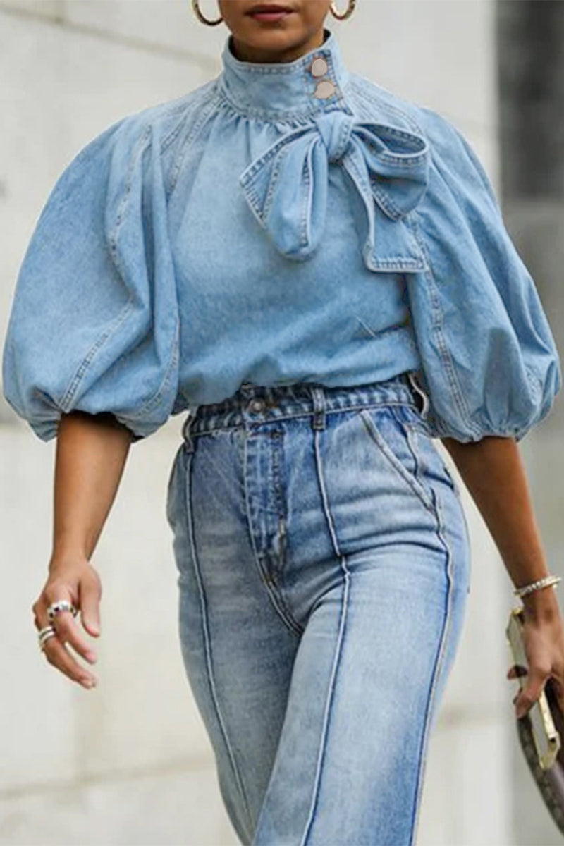 Casual Solid Patchwork Mandarin Collar Tops - Fashionpara