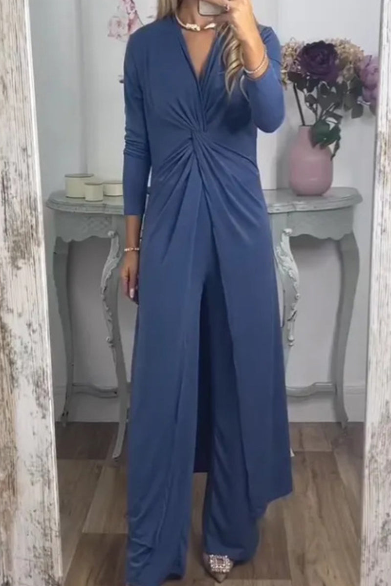 Casual Solid Fold V Neck Long Sleeve Two Pieces - Fashionpara