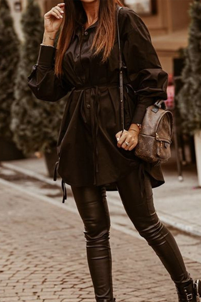 Casual Solid Draw String Turndown Collar Tops - Fashionpara