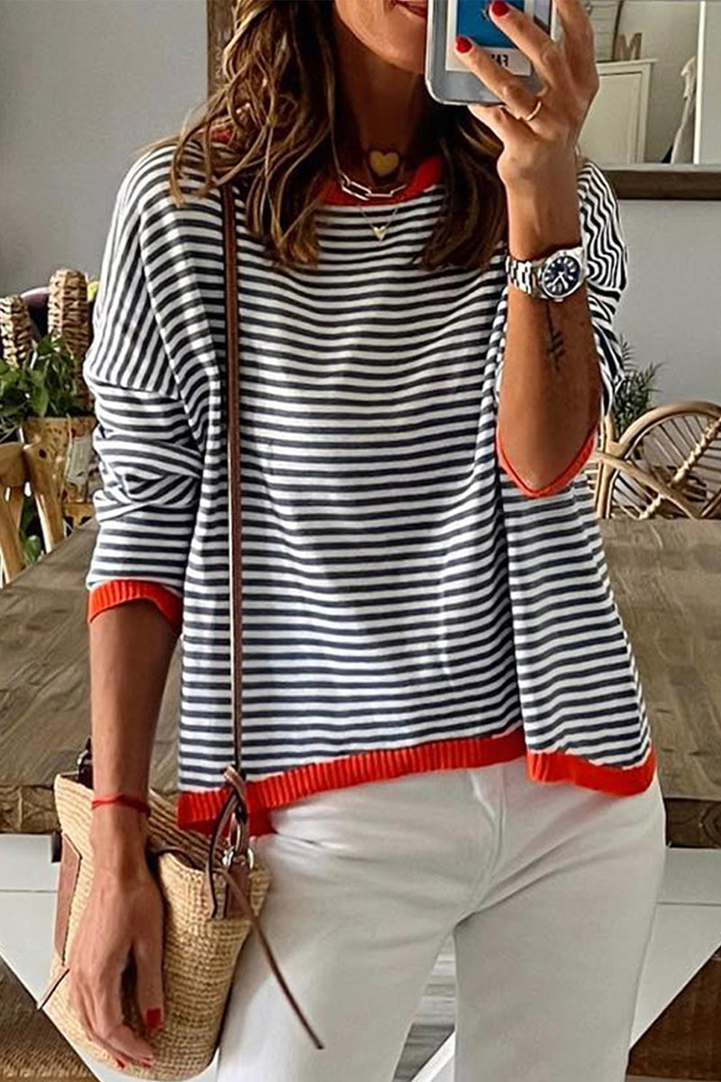 Casual Striped Contrast O Neck Tops - Fashionpara
