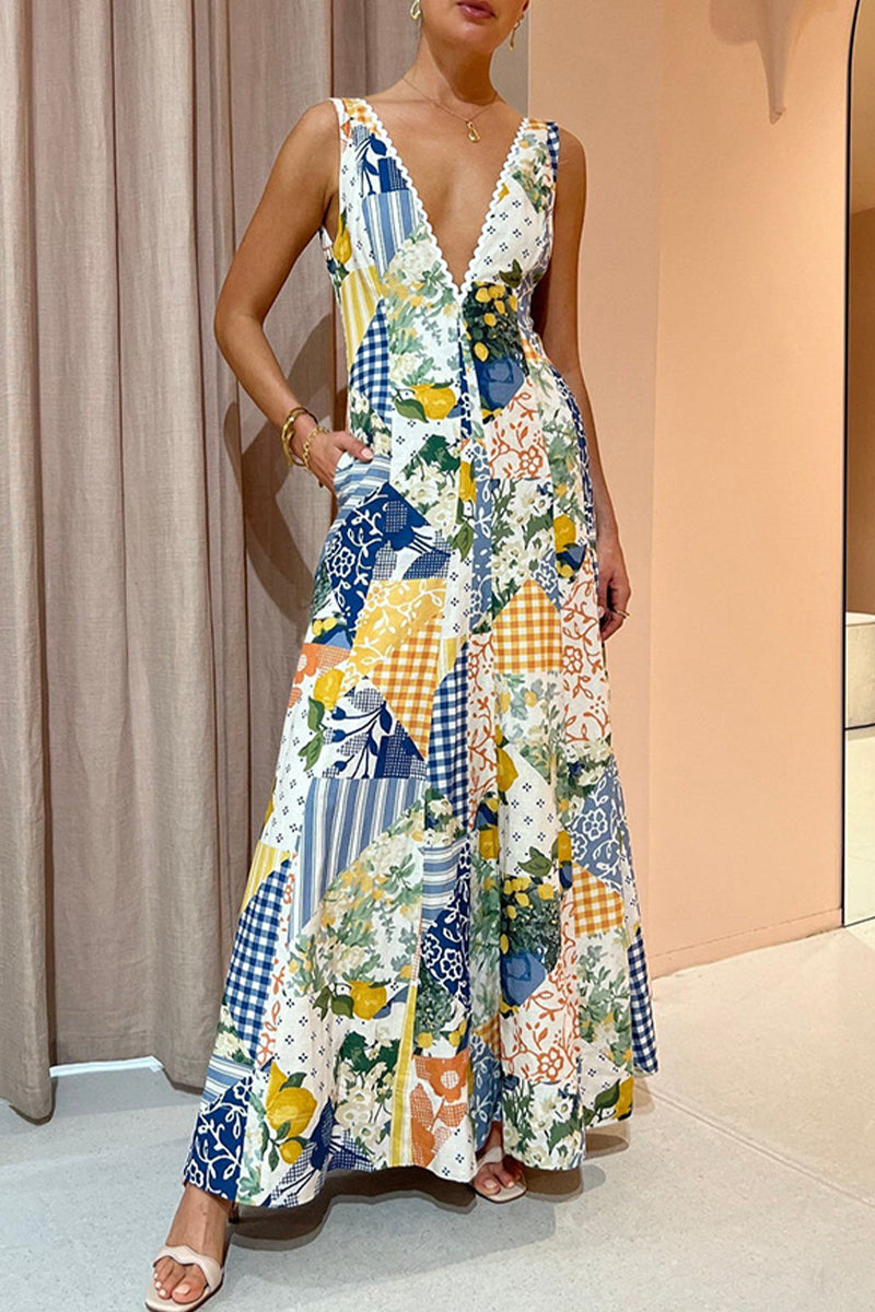 Casual Print V Neck Beach Dress Dresses - Fashionpara