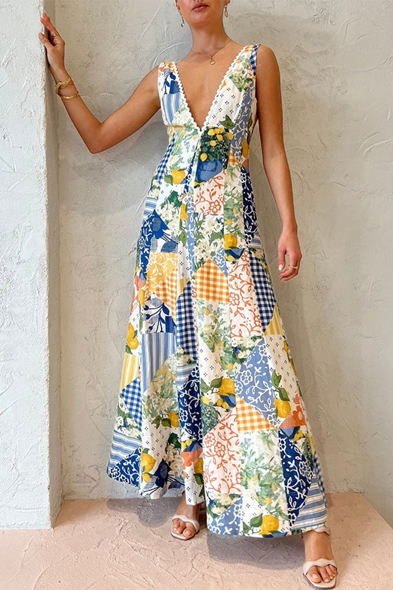 Casual Print V Neck Beach Dress Dresses - Fashionpara