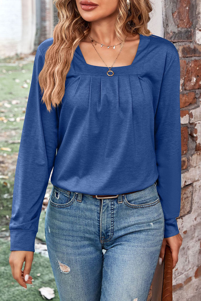 Casual Solid Fold Square Collar Tops - Fashionpara