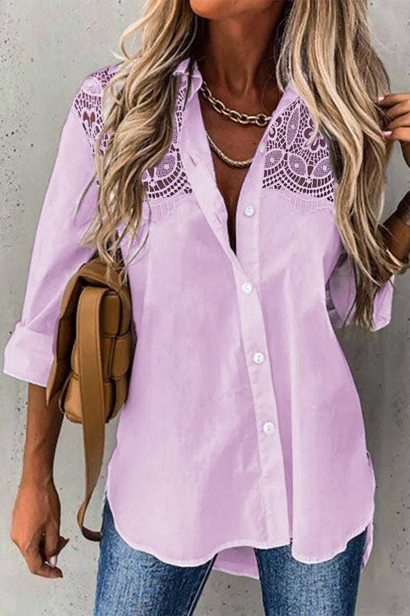 Casual Solid Lace Turndown Collar Tops - Fashionpara