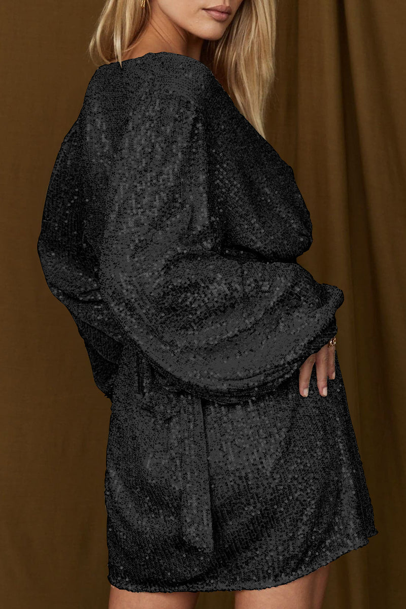 Elegant Solid Sequins Frenulum V Neck A Line Dresses - Fashionpara