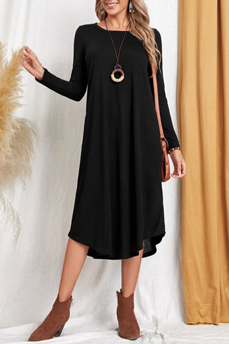 Casual Simplicity Solid Pocket O Neck Long Sleeve Dresses(6 Colors)
