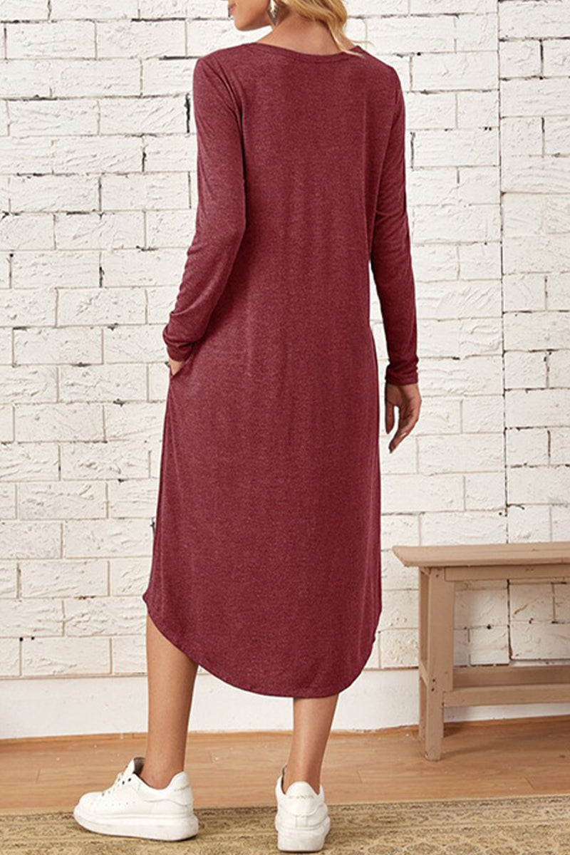Casual Simplicity Solid Pocket O Neck Long Sleeve Dresses(6 Colors)