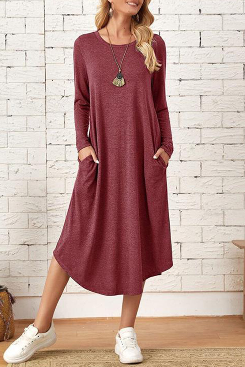 Casual Simplicity Solid Pocket O Neck Long Sleeve Dresses(6 Colors)