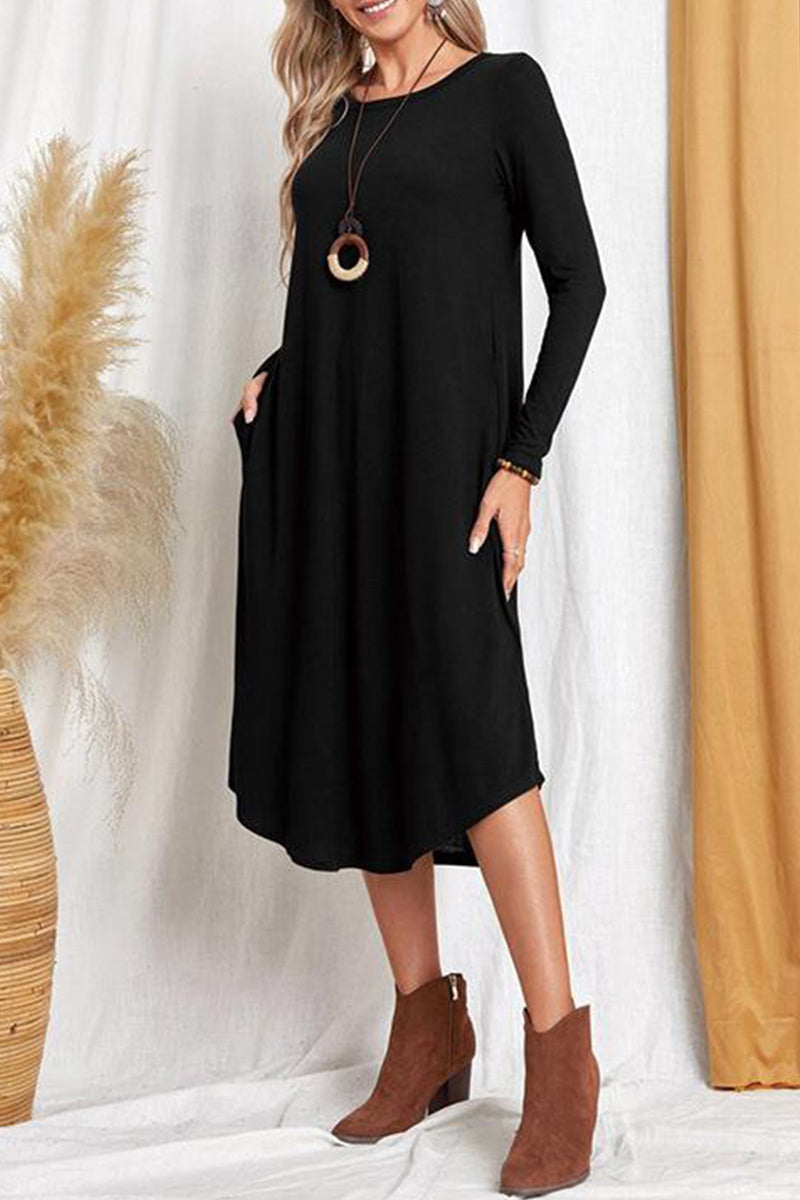 Casual Simplicity Solid Pocket O Neck Long Sleeve Dresses(6 Colors)
