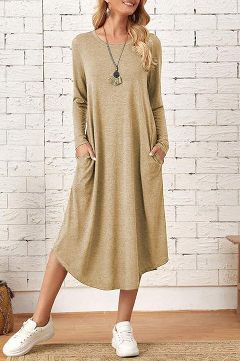 Casual Simplicity Solid Pocket O Neck Long Sleeve Dresses(6 Colors)