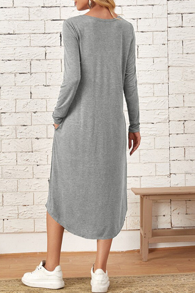 Casual Simplicity Solid Pocket O Neck Long Sleeve Dresses(6 Colors)