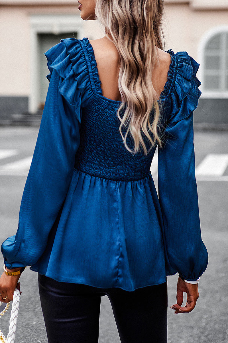 Sweet Elegant Solid Fold Stringy Selvedge Square Collar Tops - Fashionpara