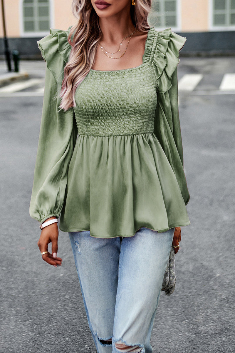 Sweet Elegant Solid Fold Stringy Selvedge Square Collar Tops - Fashionpara