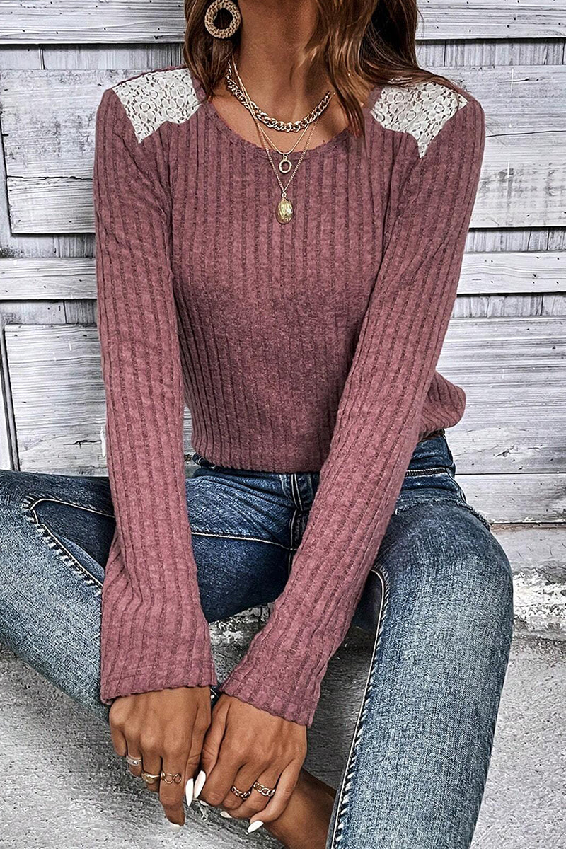 Casual Solid Lace O Neck Tops - Fashionpara