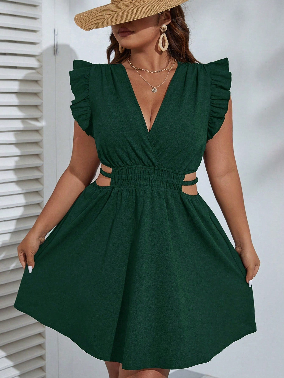 V-Neck Ruffle Sleeve Cutout Fit & Flare Dress