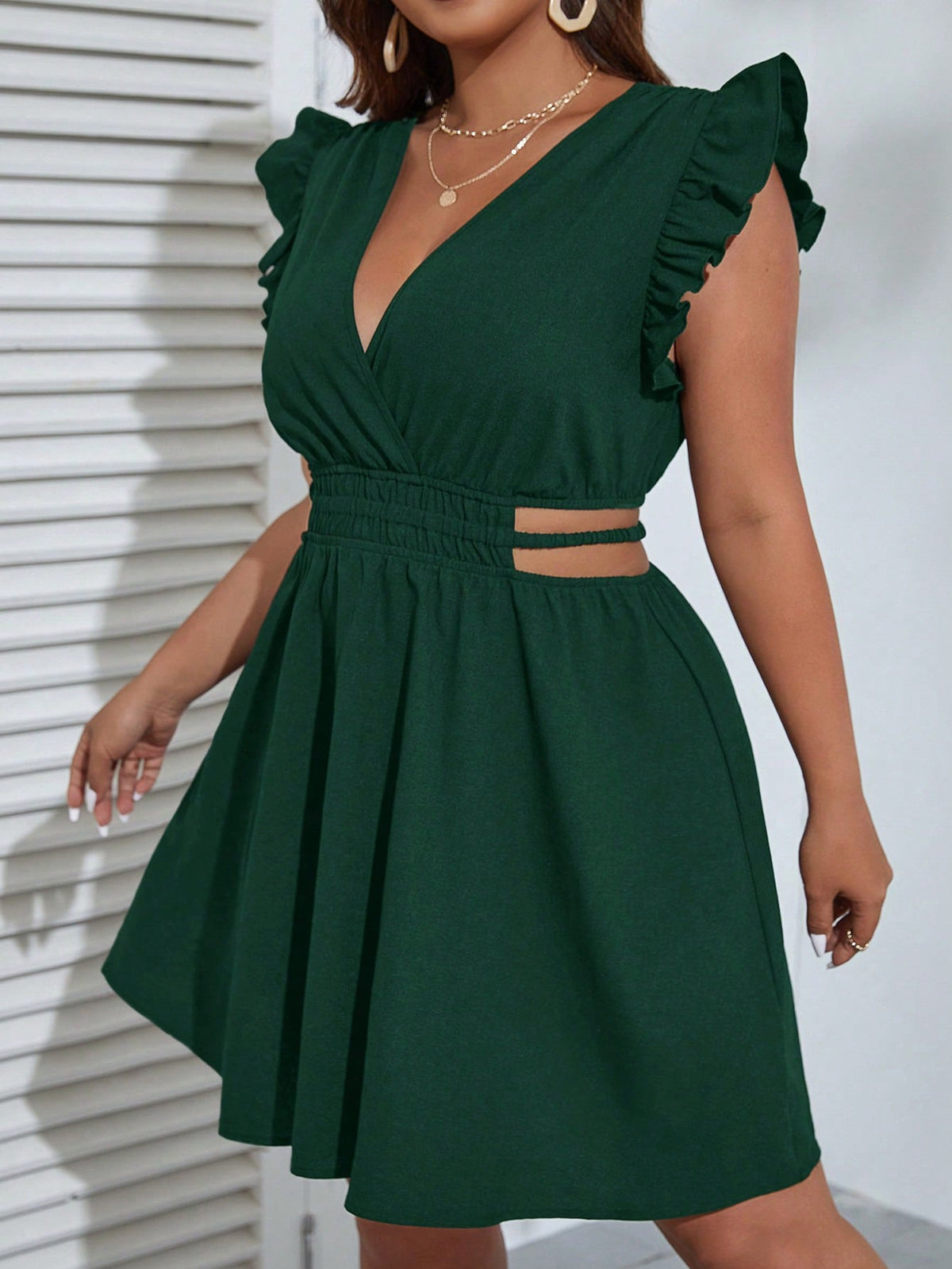 V-Neck Ruffle Sleeve Cutout Fit & Flare Dress