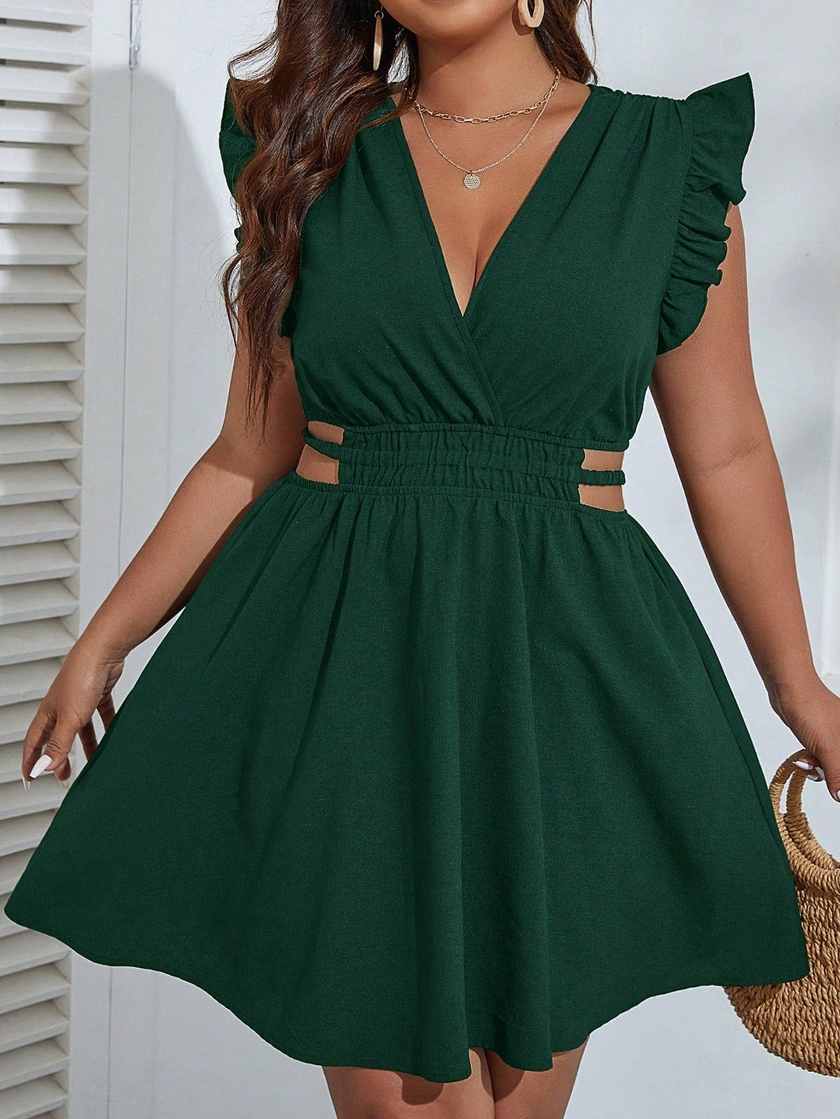 V-Neck Ruffle Sleeve Cutout Fit & Flare Dress