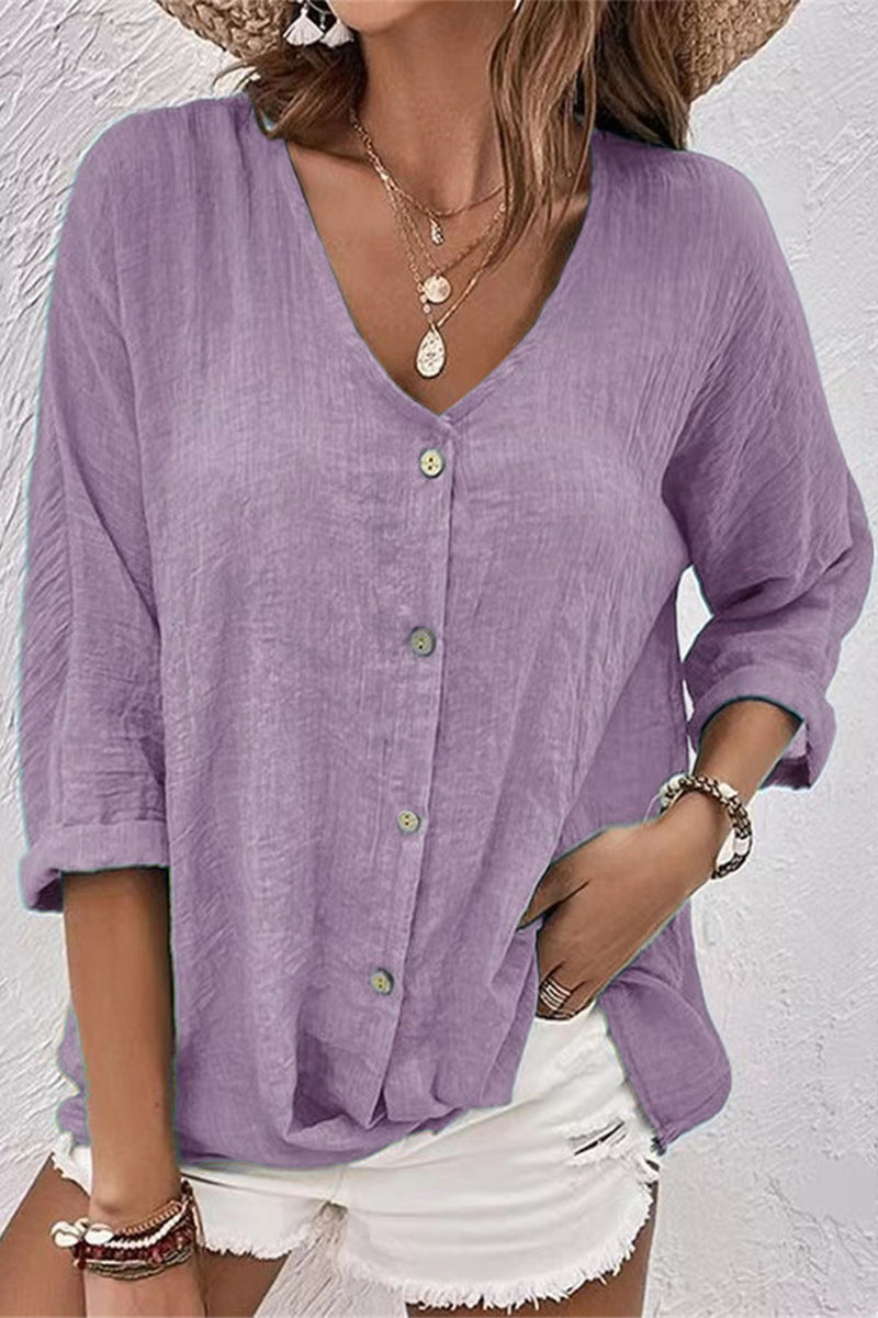 Simplicity Solid Buttons V Neck Tops - Fashionpara