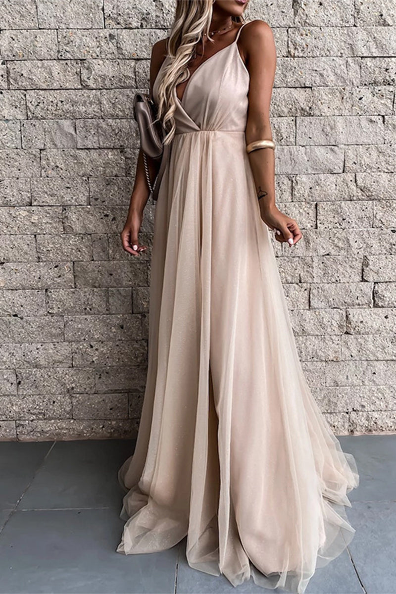 Sexy Formal Solid Mesh V Neck Evening Dress Dresses - Fashionpara