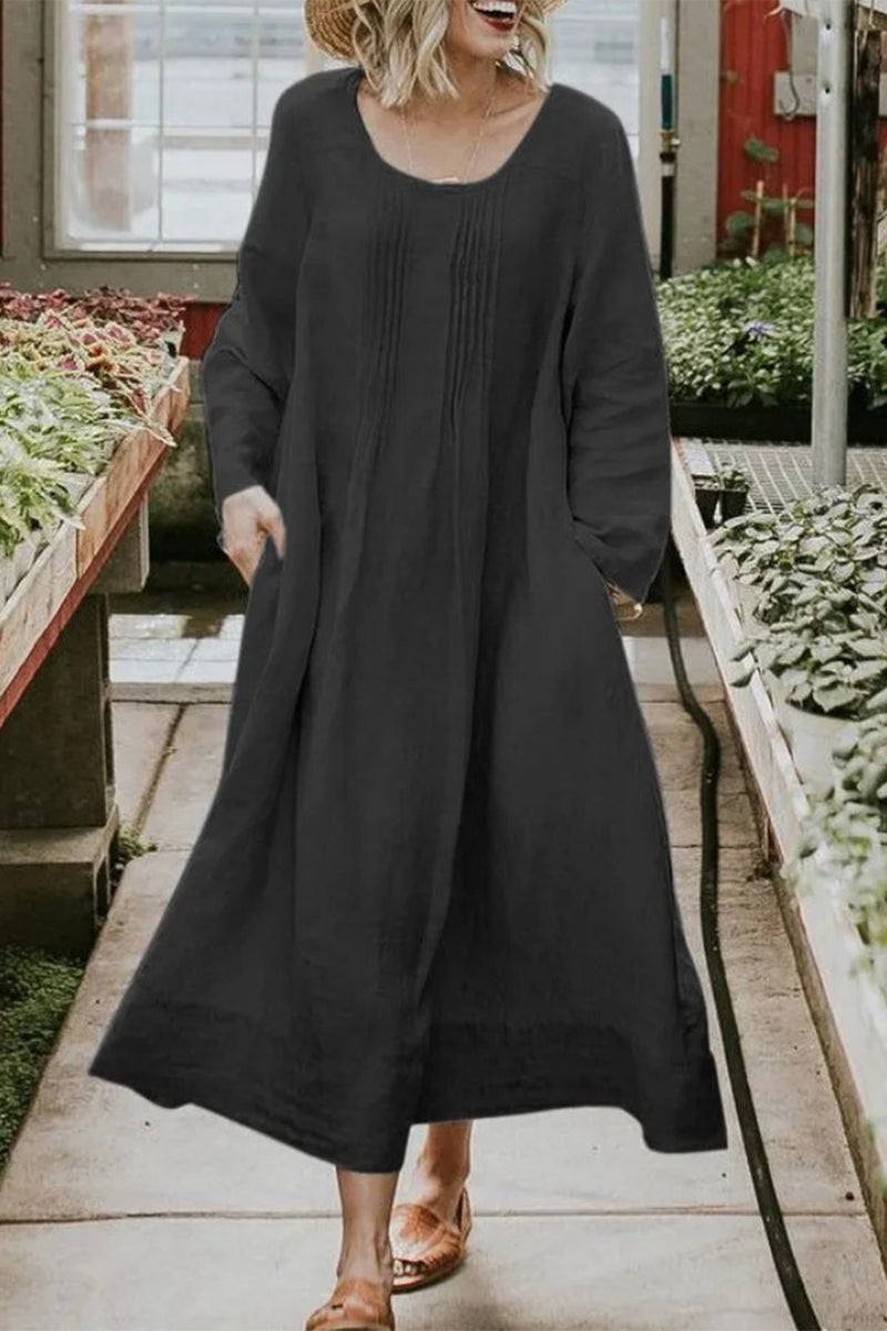 College Solid Pocket O Neck A Line Dresses(5 Colors) - Fashionpara