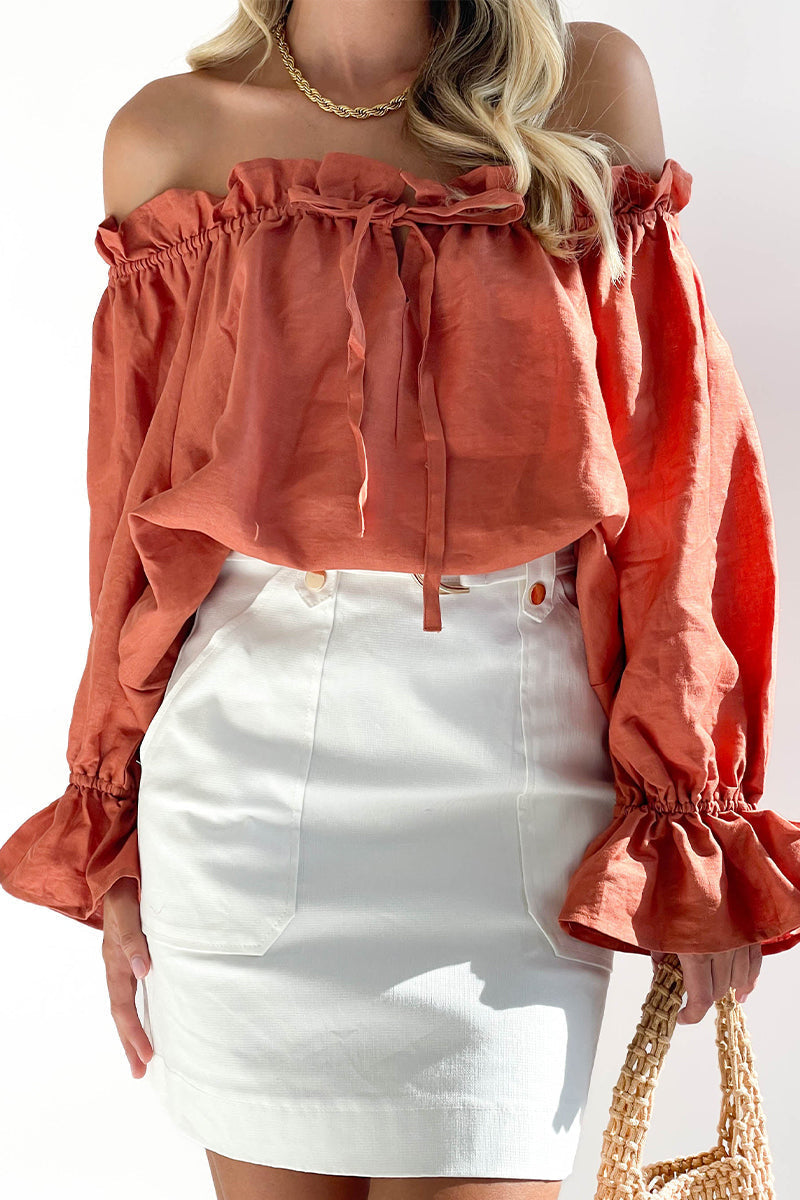 Casual Street Solid Stringy Selvedge Off the Shoulder Tops(3 Colors) - Fashionpara