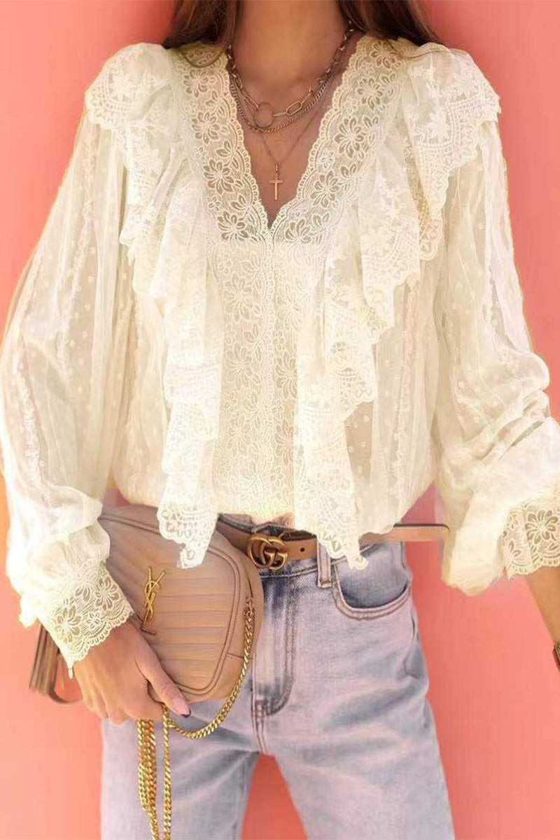 Elegant Solid Lace Patchwork V Neck Blouses Fashionpara