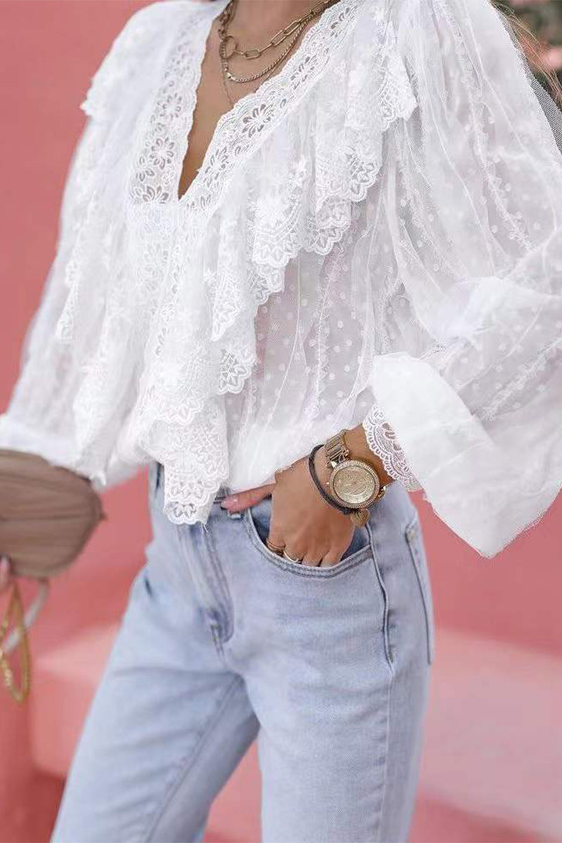 Elegant Solid Lace Patchwork V Neck Blouses Fashionpara
