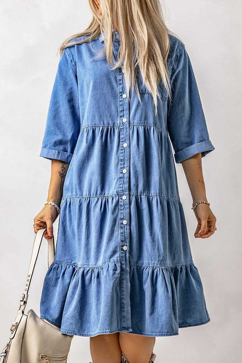 Casual Street Solid Patchwork Turndown Collar Nine Points Sleeve Loose Denim Dresses - Fashionpara