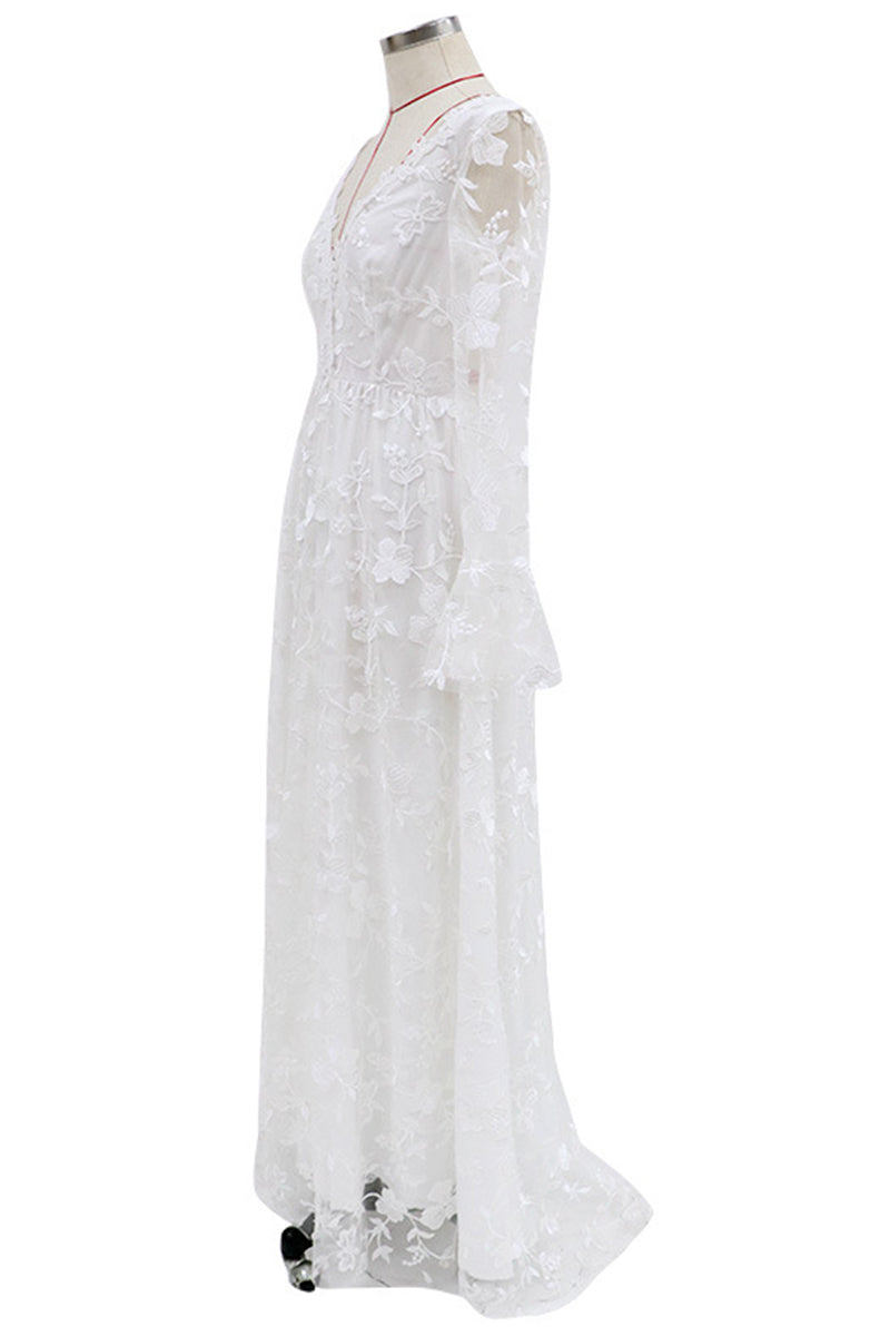 Formal Solid Lace Patchwork V Neck Evening Dress Dresses - Fashionpara