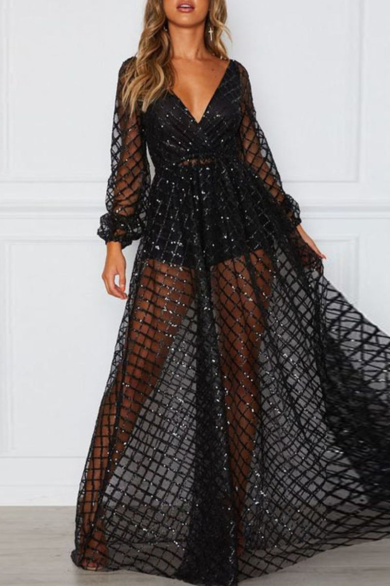 Sexy Solid Hollowed Out V Neck Waist Skirt Dresses - Fashionpara