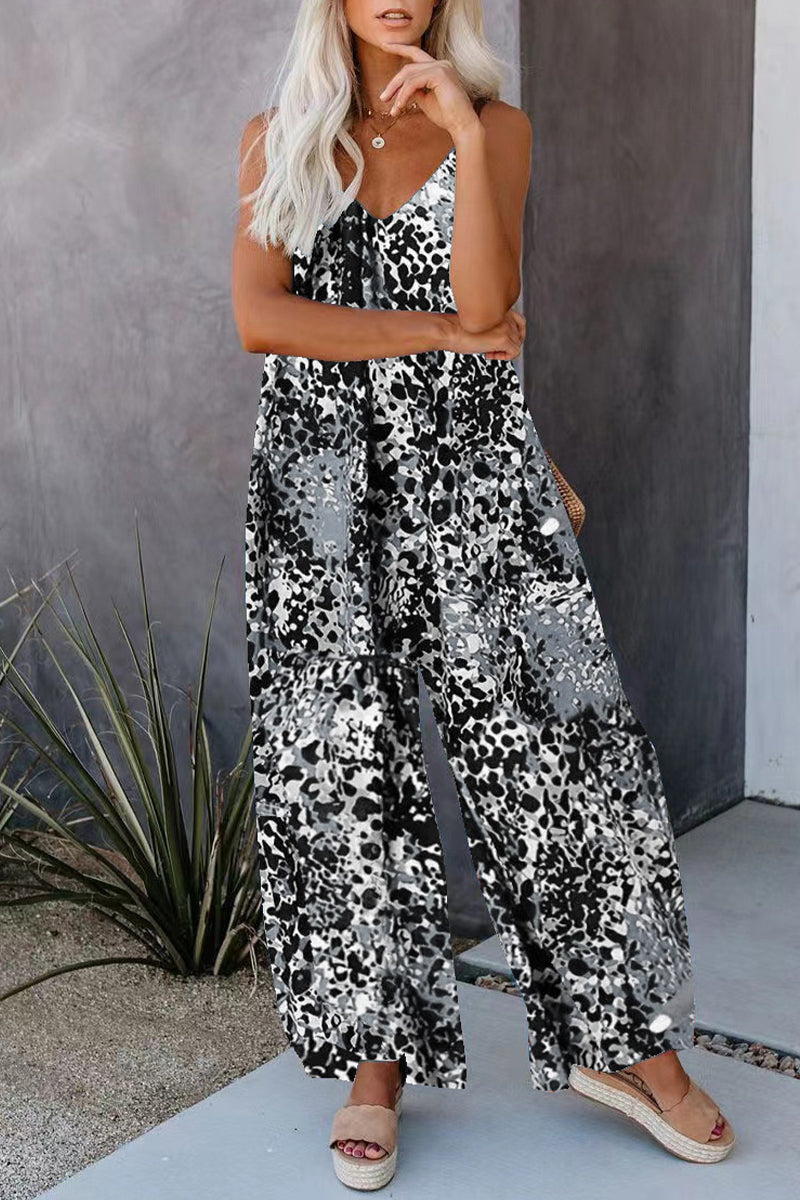 Casual Street Print Pocket V Neck Loose Jumpsuits - Fashionpara
