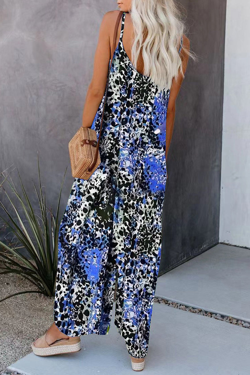 Casual Street Print Pocket V Neck Loose Jumpsuits - Fashionpara