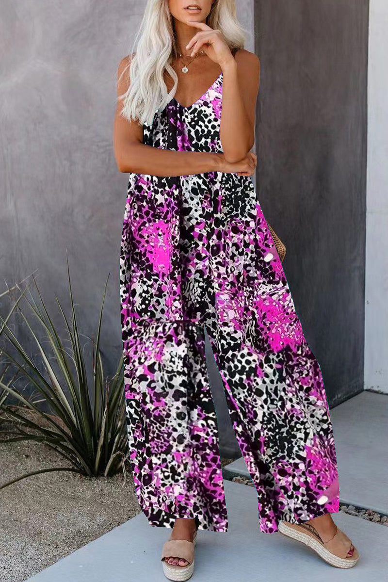 Casual Street Print Pocket V Neck Loose Jumpsuits - Fashionpara