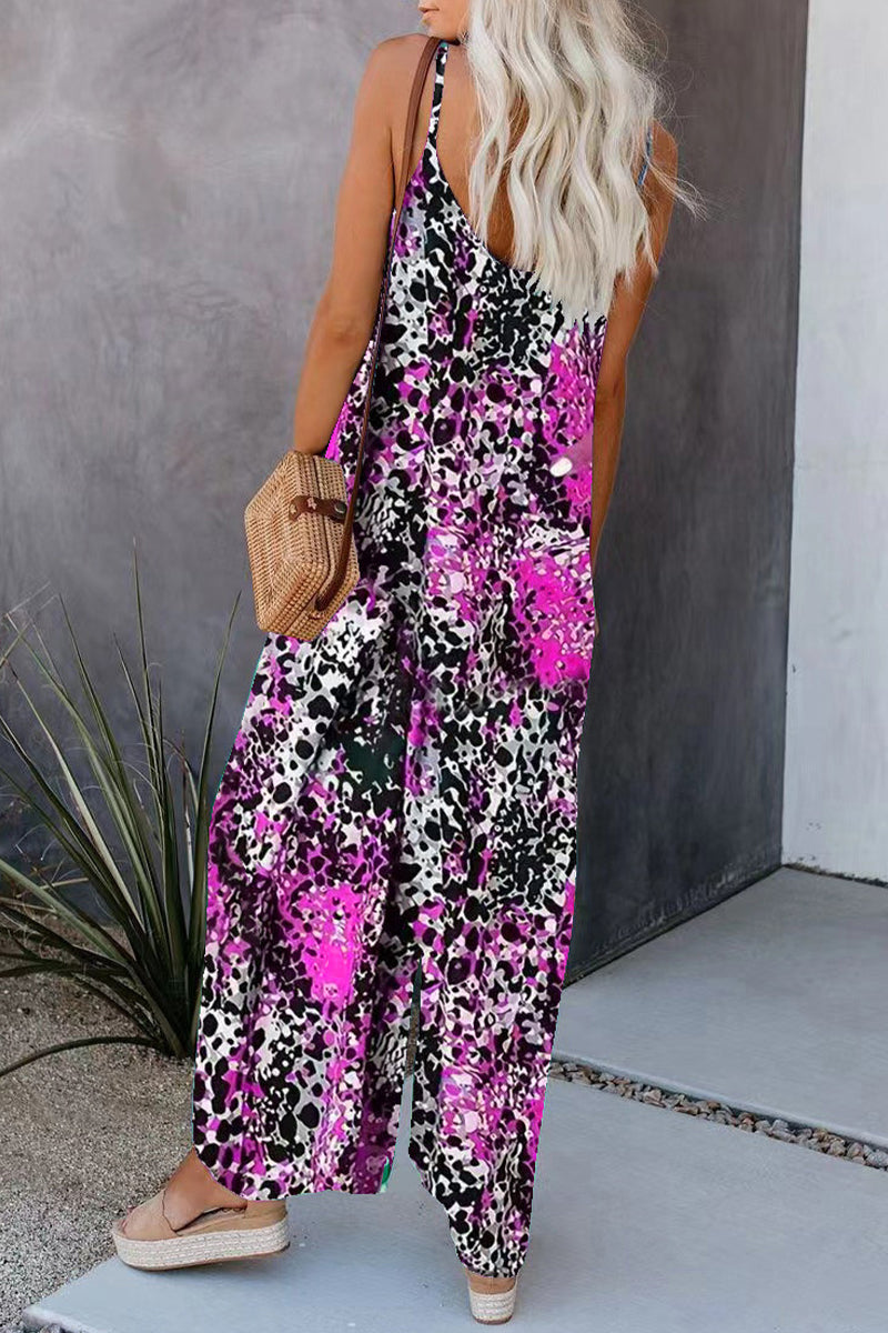 Casual Street Print Pocket V Neck Loose Jumpsuits - Fashionpara