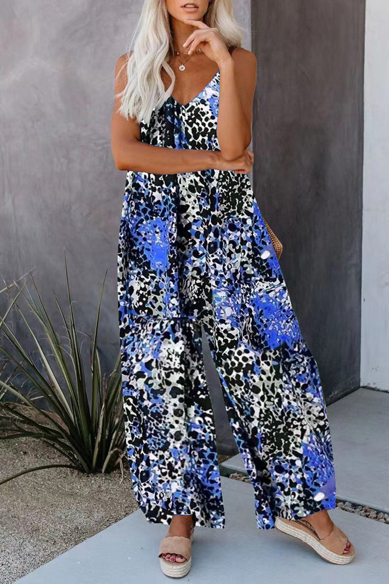 Casual Street Print Pocket V Neck Loose Jumpsuits - Fashionpara