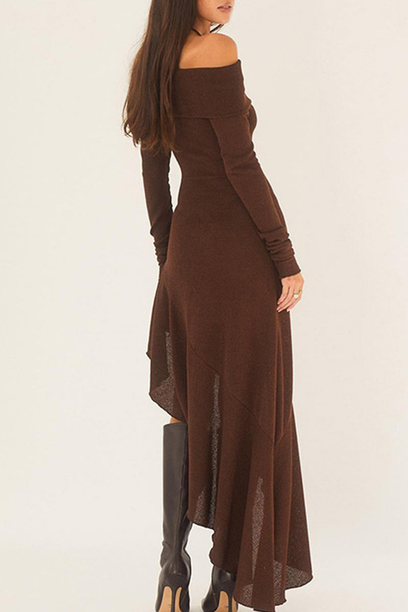 Sexy Solid Flounce Off the Shoulder Irregular Dress Dresses - Fashionpara