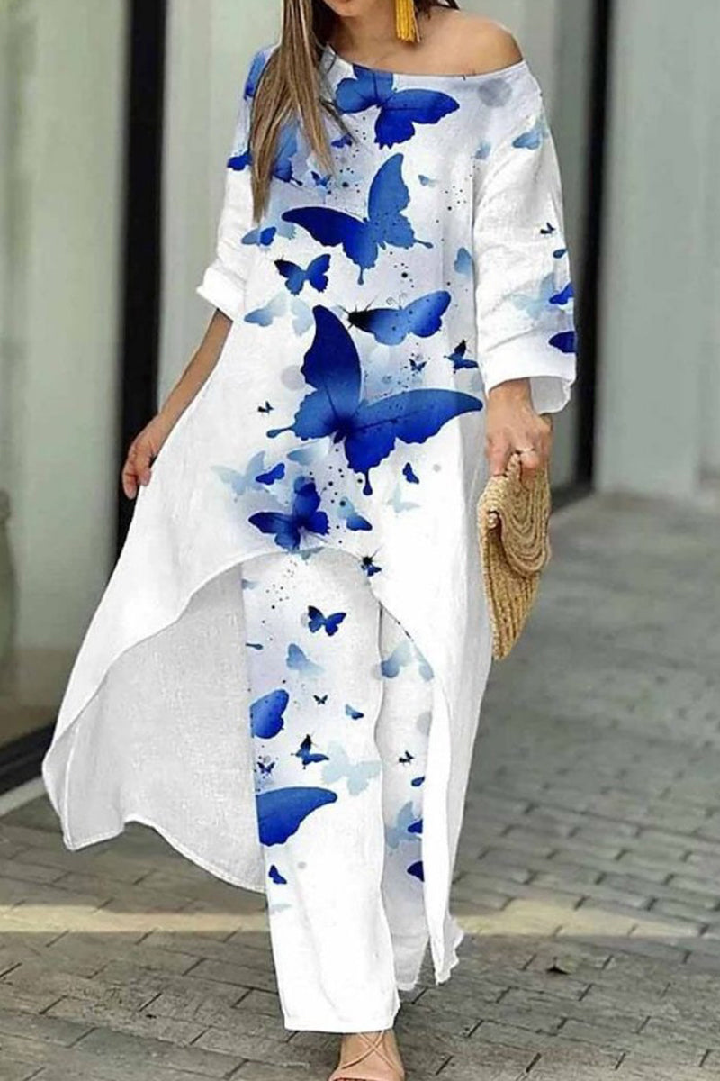 Casual Print Asymmetrical O Neck Three Quarter Two Pieces(6 Colors)