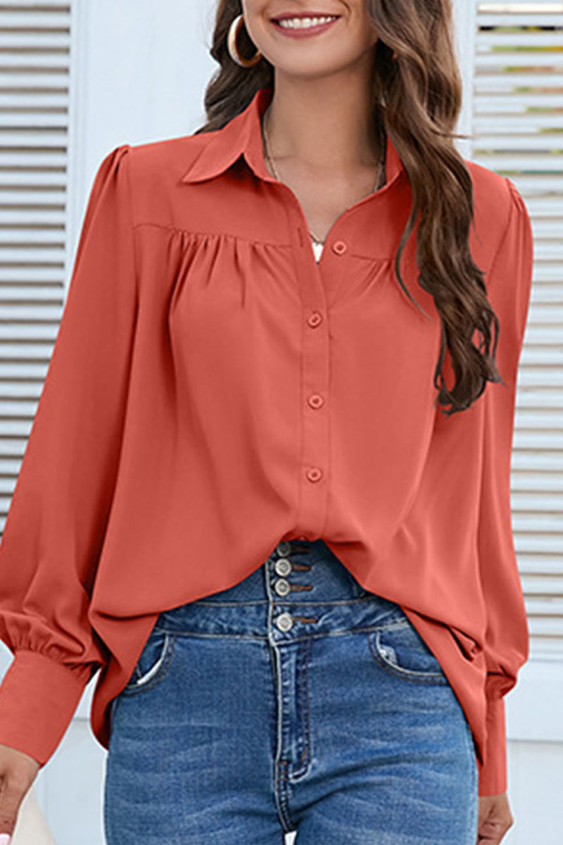 Casual Solid Buttons Shirt Collar Tops - Fashionpara