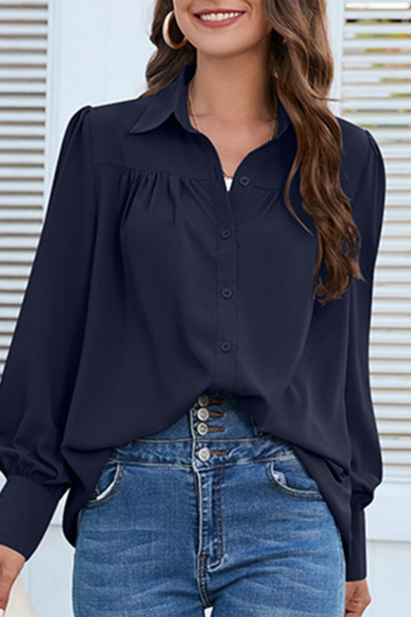 Casual Solid Buttons Shirt Collar Tops - Fashionpara