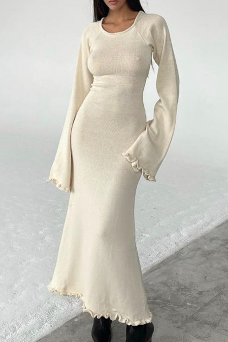 Casual Solid Backless Stringy Selvedge O Neck Long Sleeve Dresses(3 Colors)  Fashionpara