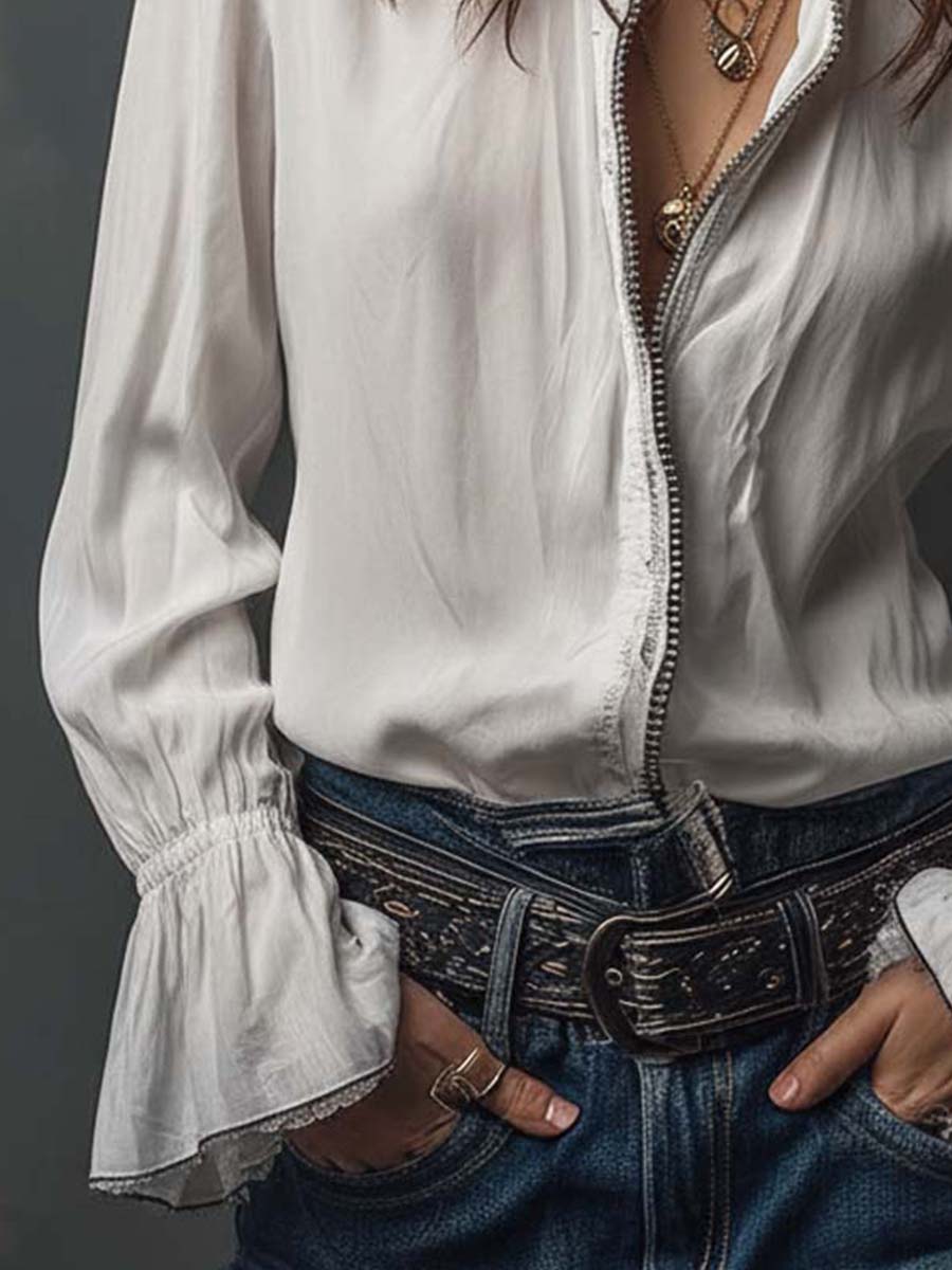 White Zip-Front Blouse With Flounce Cuffs - Fashionpara