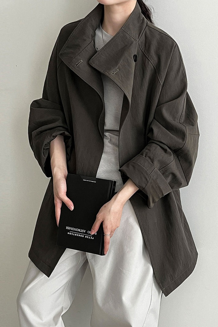 Sophisticated British-Style Mid-Length Stand-Collar Trench Coat