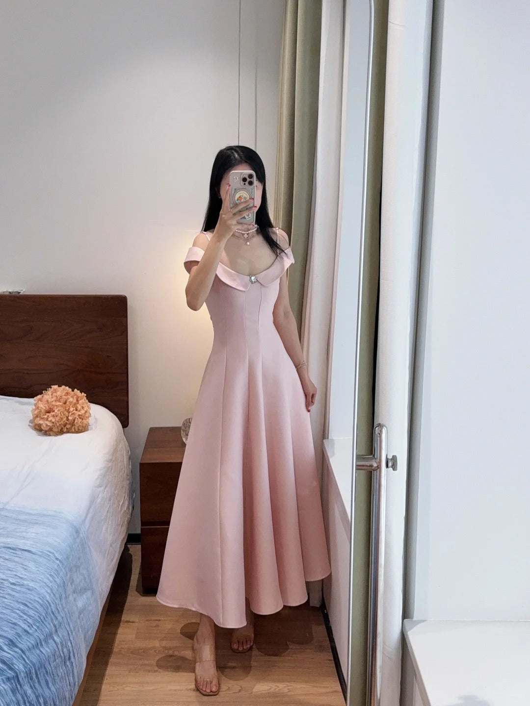 Sweet And Elegant Pink A-line Off-shoulder Satin Prom Dress Evening Dress P4169