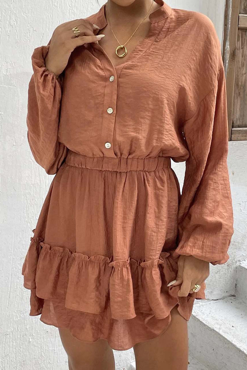 Casual Solid Flounce Half A Turtleneck Waist Skirt Dresses - Fashionpara