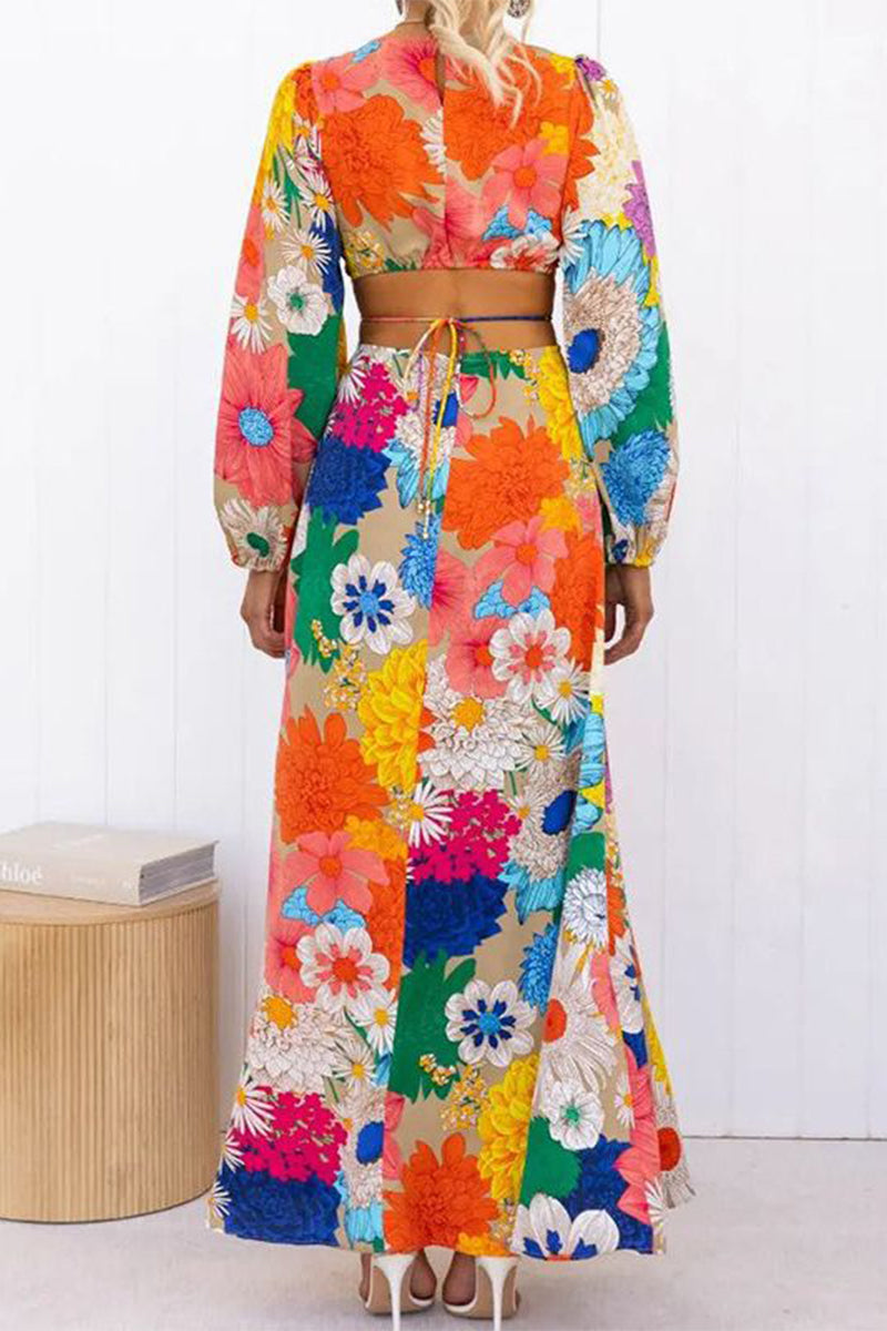 Elegant Floral Frenulum V Neck A Line Dresses - Fashionpara