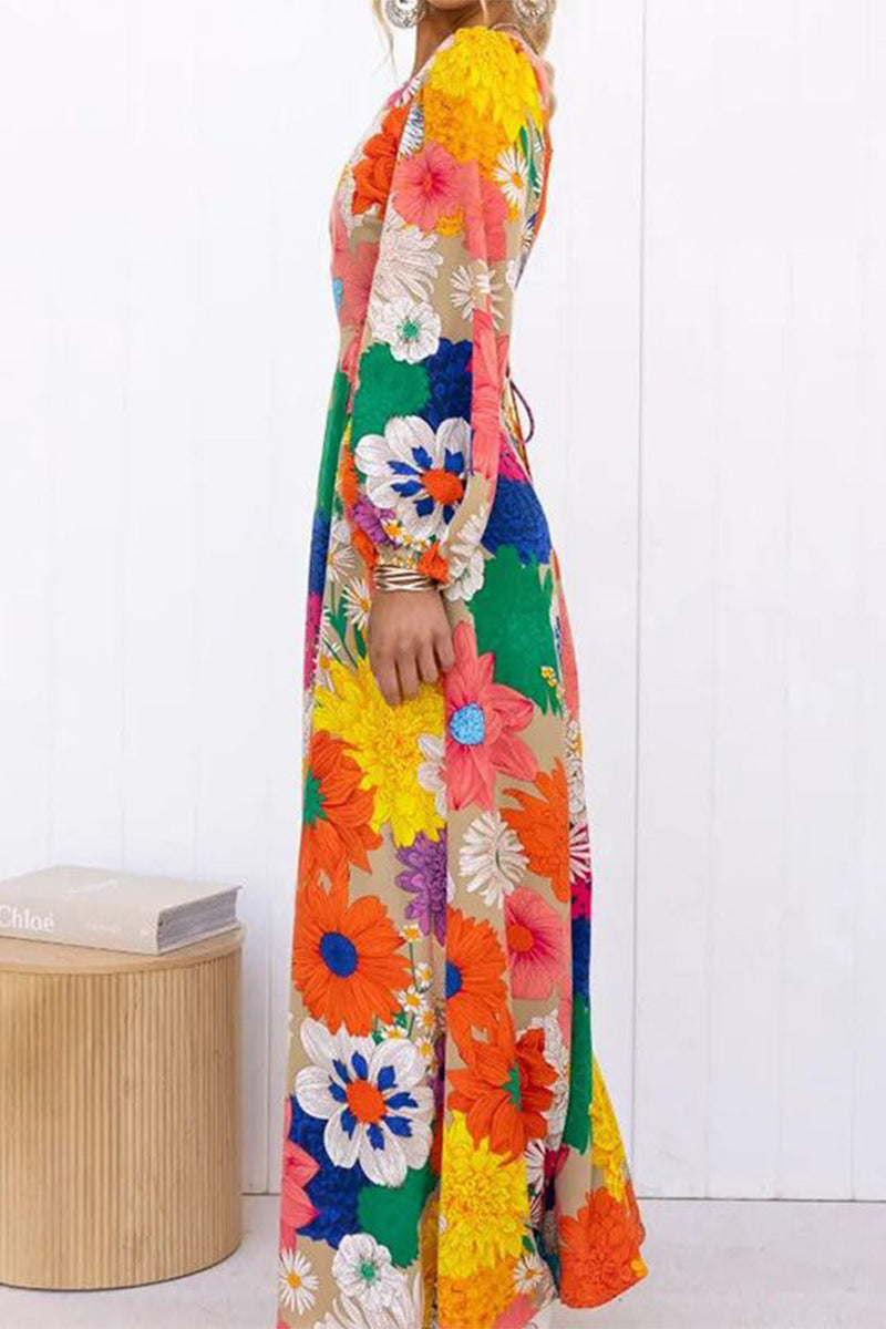 Elegant Floral Frenulum V Neck A Line Dresses - Fashionpara